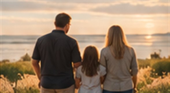 A family looking out at a sunset