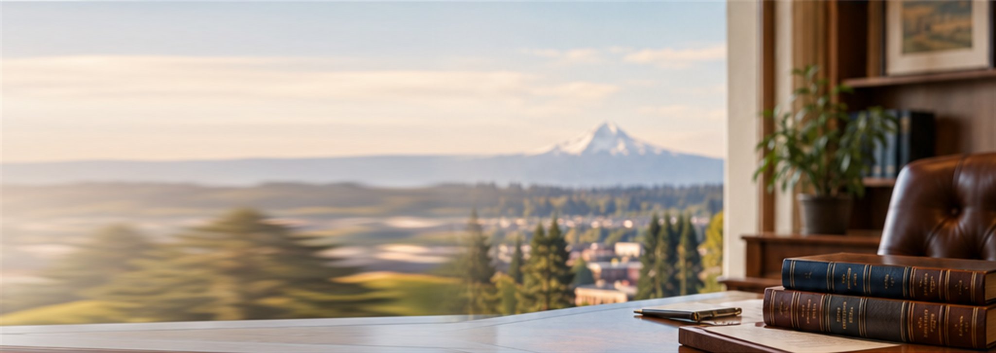 Law office desk with law books overlooking the Willamette Valley and Mount Hood